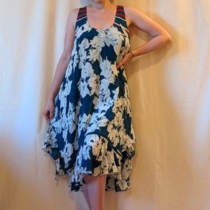 TRYB silk blue & white floral dress size M with bright red and blue striped back